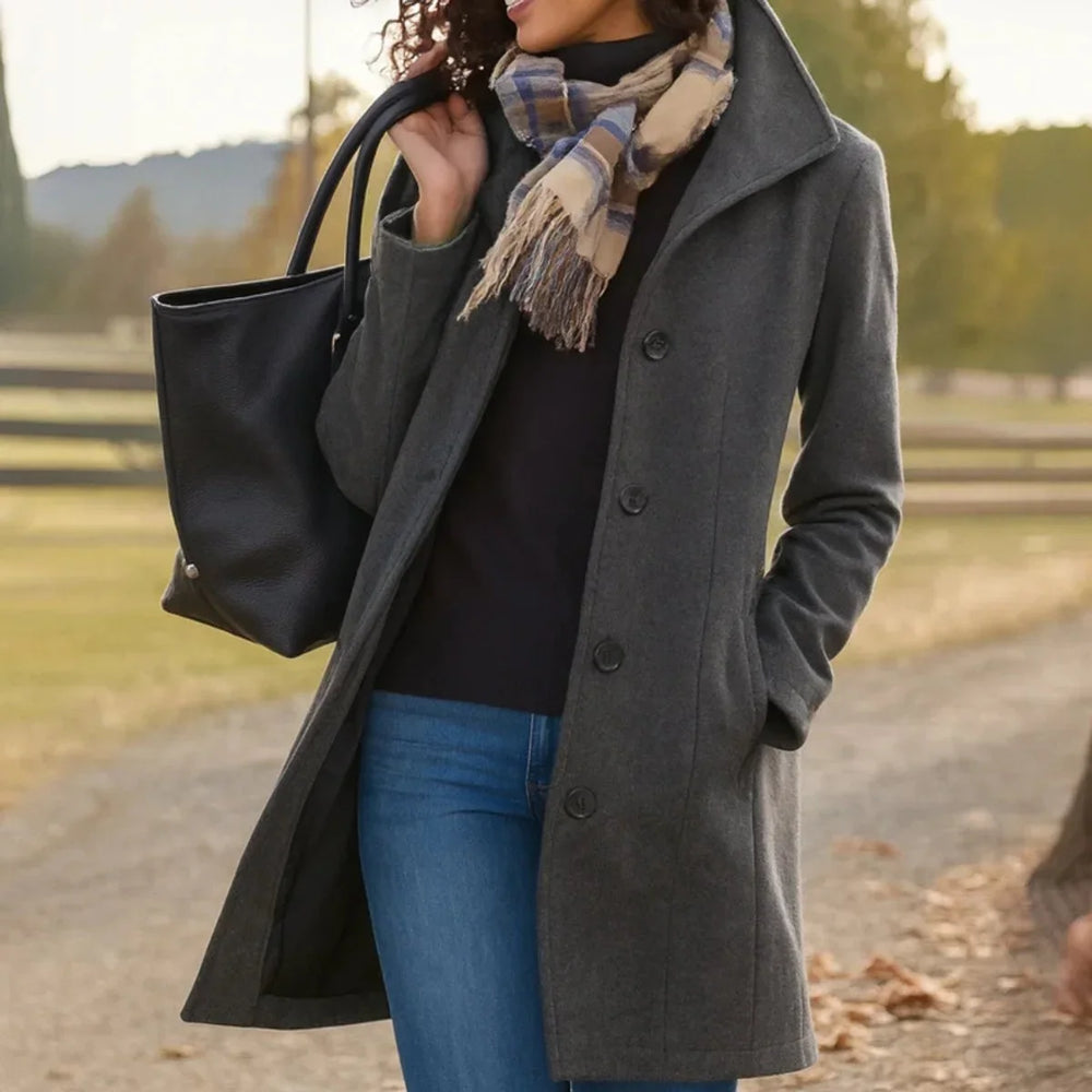 Women's single breasted coat in grey, mid length notch collar tailored