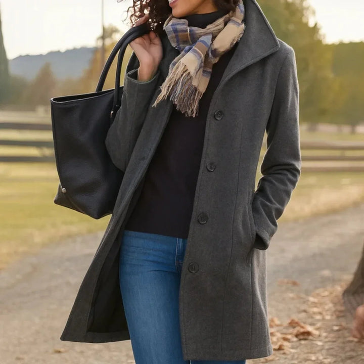 Women's single breasted coat in grey, mid length notch collar tailored