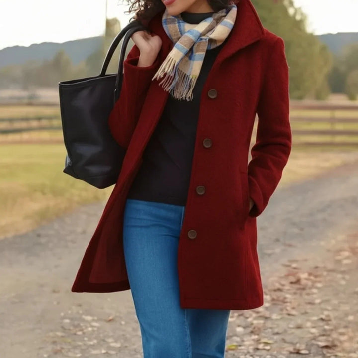 Women's single breasted coat in red, mid length notch collar tailored