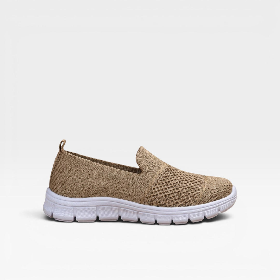 Women's slip on trainers in camel, breathable knit lightweight walking shoes