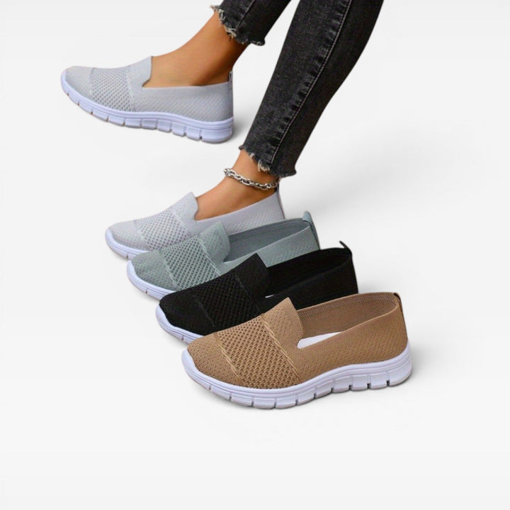 Four colours of the knit slip on trainers stacked together