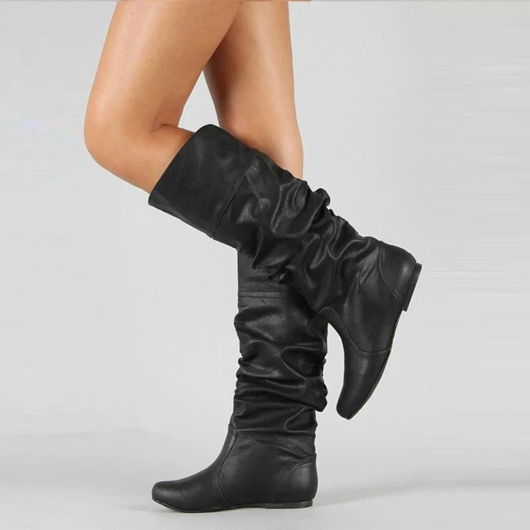Women's slouch boots in black, flat mid calf pull on