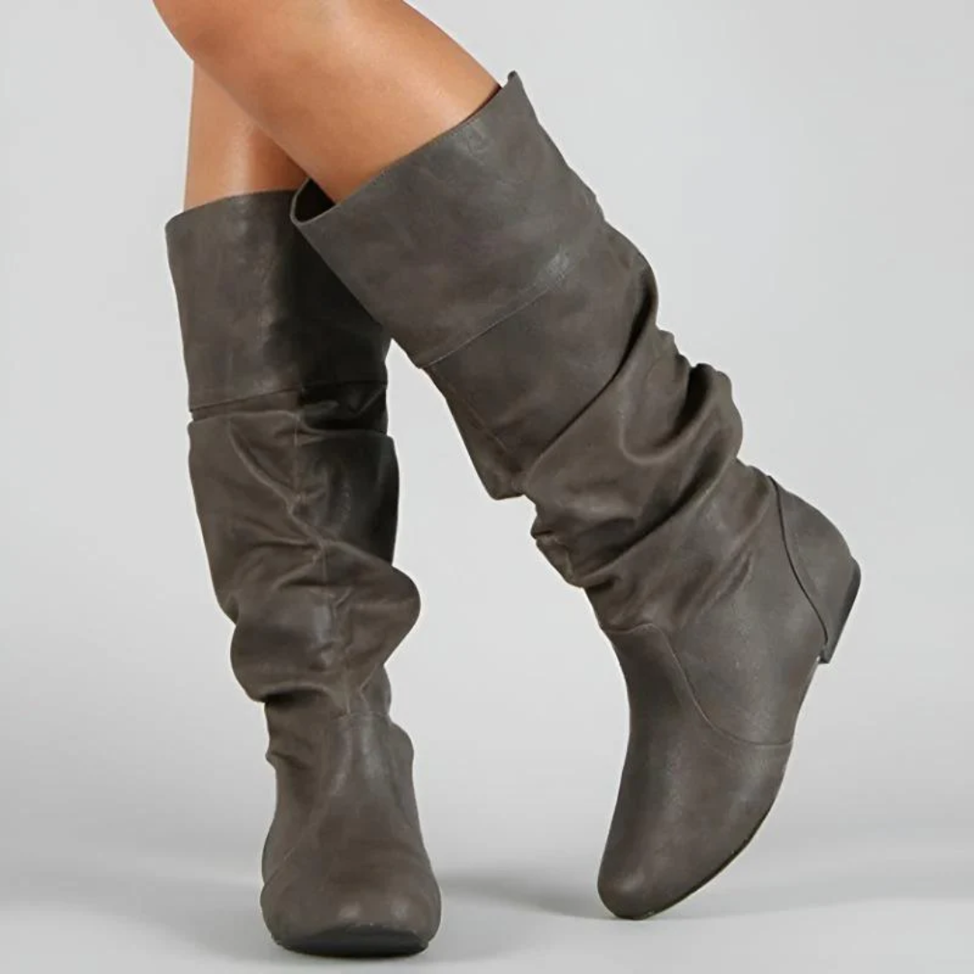 Women's slouch boots in grey, flat mid calf pull on