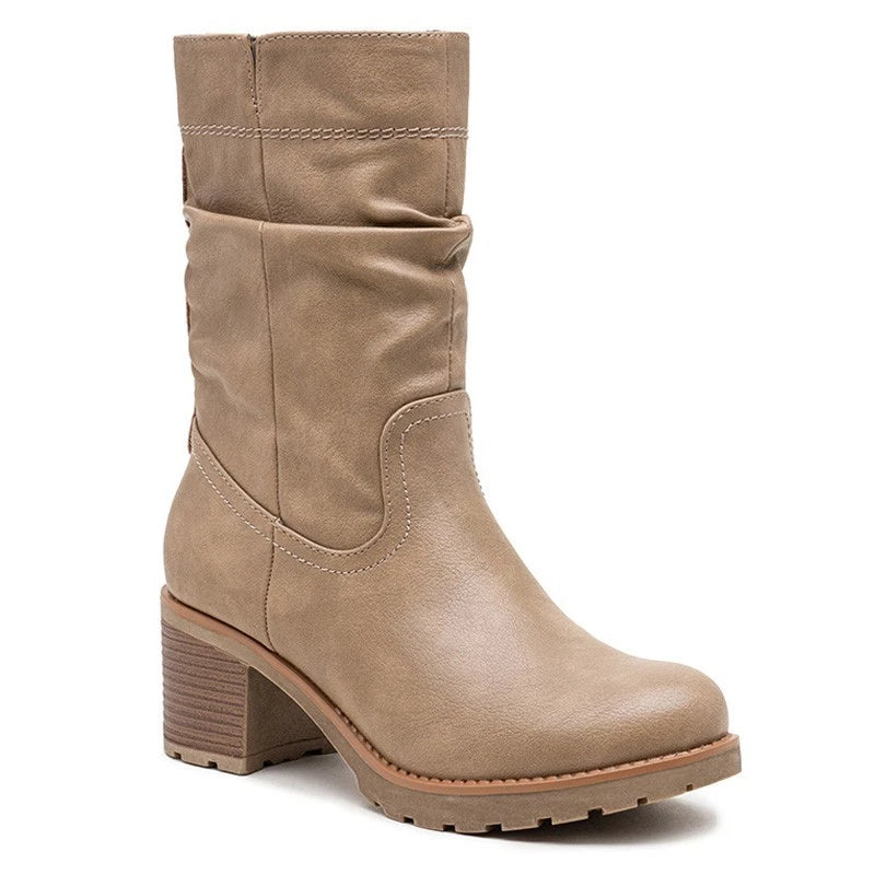 Taupe slouch boots, side view on a plain background