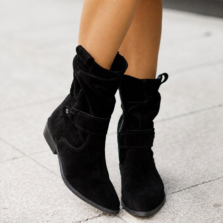 Black slouch boots with a stacked low heel