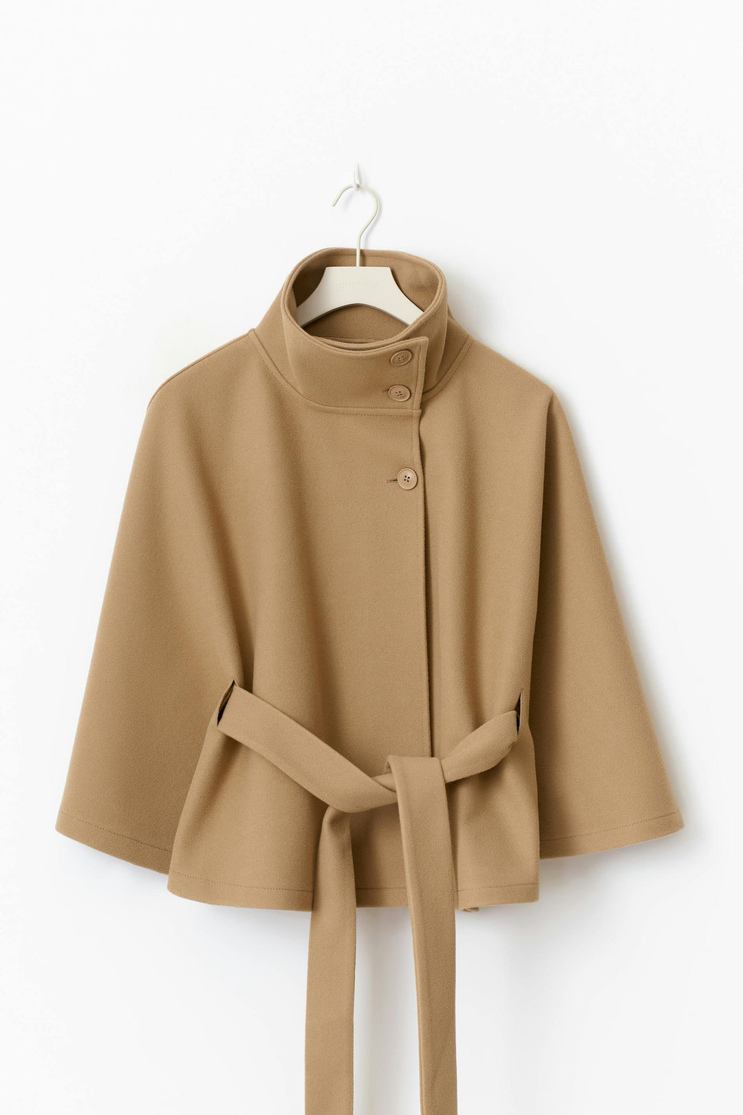 Women's cape coat in khaki, belted wide sleeve cape jacket