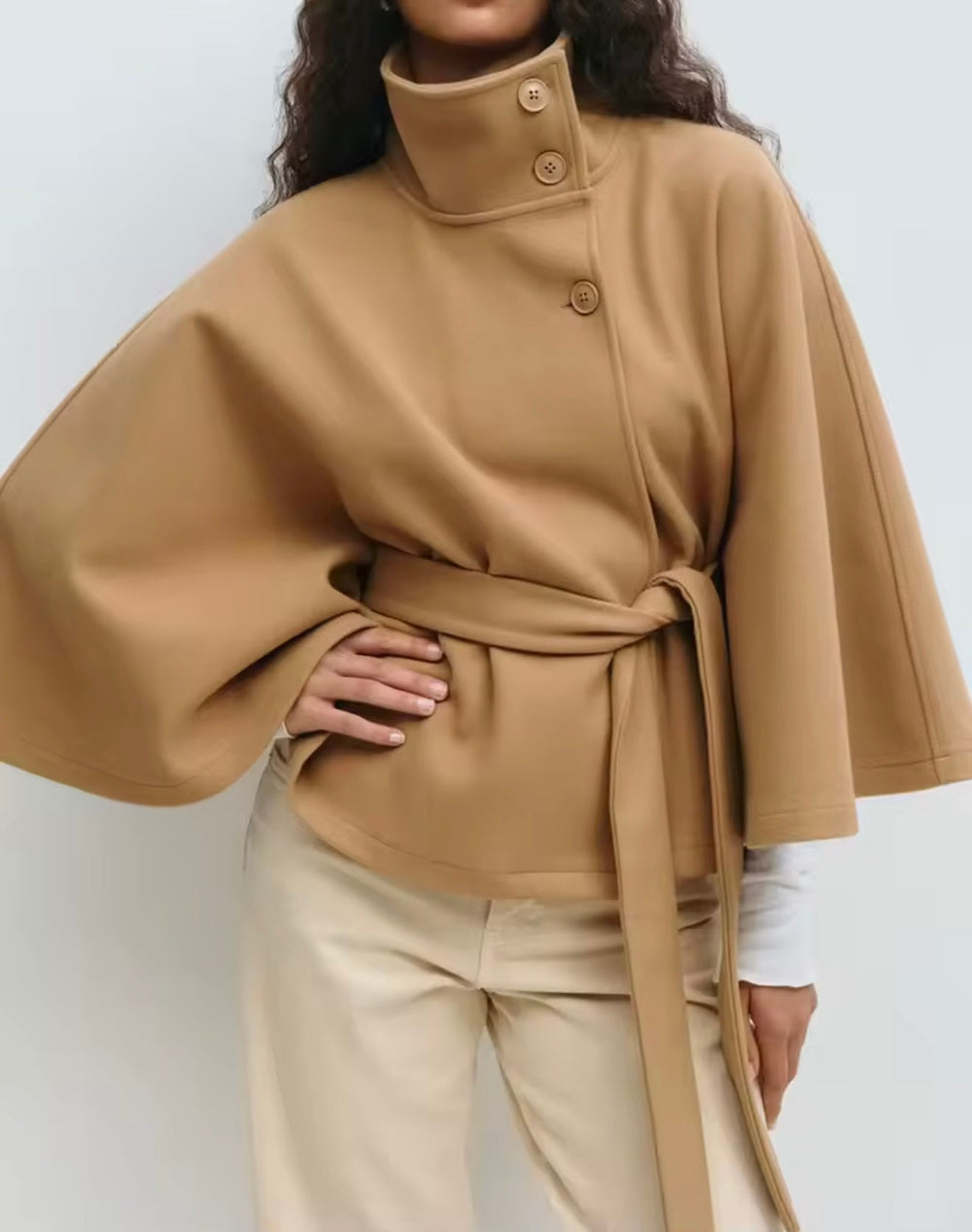 Women's cape coat, belted wide sleeve cape jacket, view 1