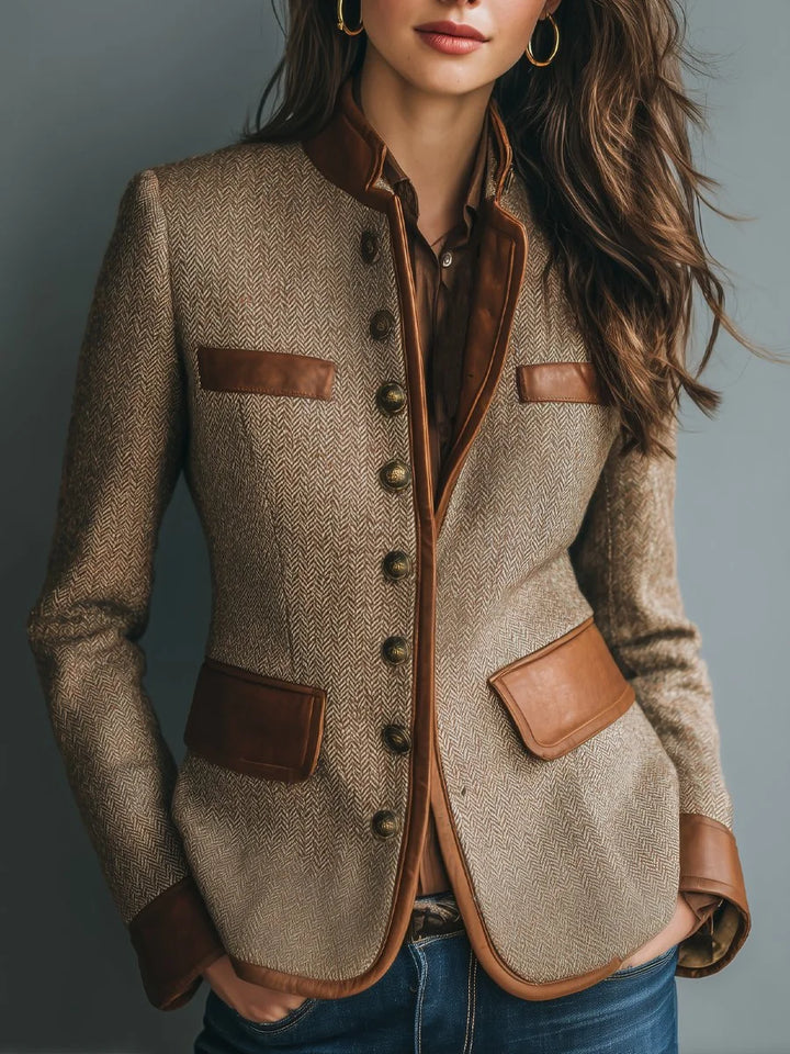 Women's herringbone jacket in brown, button front contrast trim