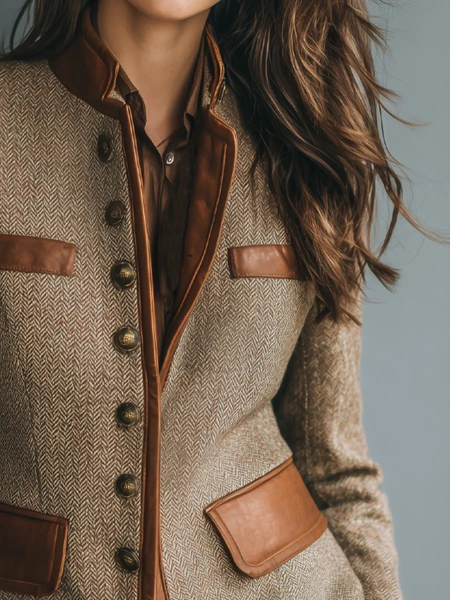 Women's herringbone jacket, button front contrast trim, view 2