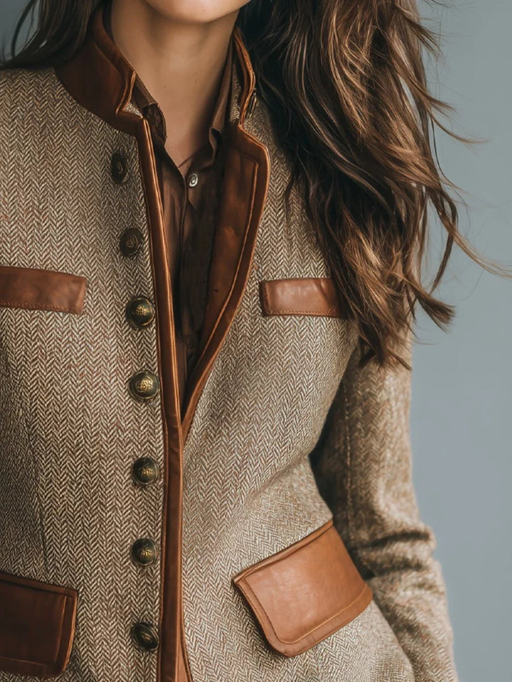 Women's herringbone jacket, button front contrast trim, view 2
