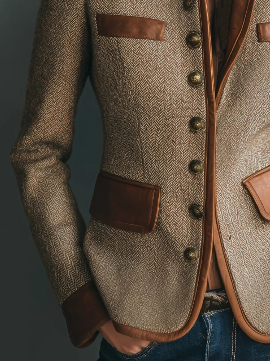 Women's herringbone jacket, button front contrast trim, view 3