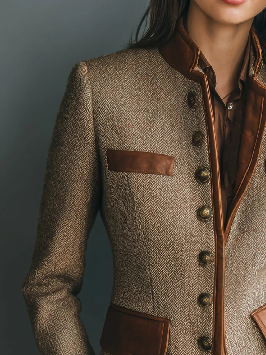 Women's herringbone jacket, button front contrast trim, view 1