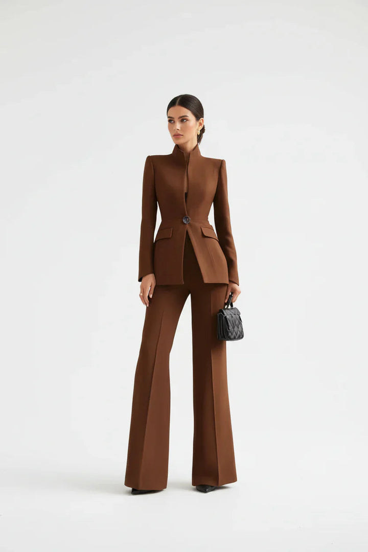 Women's trouser suit in brown, flared trousers two piece