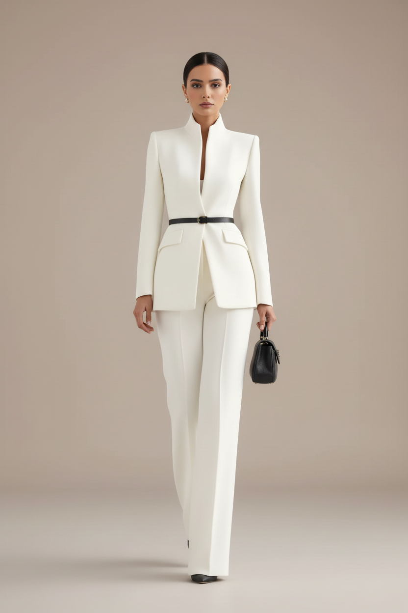 Women's trouser suit in white, flared trousers two piece