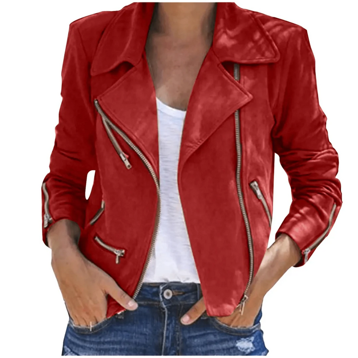 Women's biker jacket in red, zip detail lapel collar