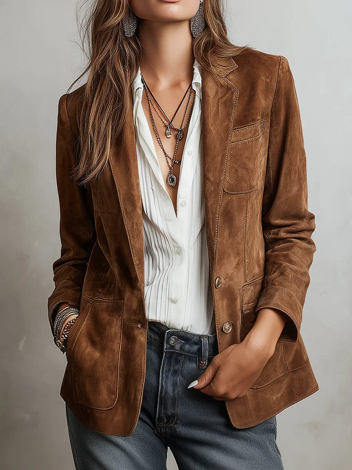 Women's suede look blazer in brown, single breasted notch lapel tailored