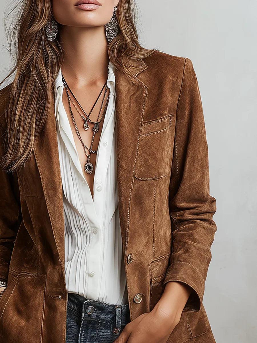 Women's suede look blazer, single breasted notch lapel tailored, view 3