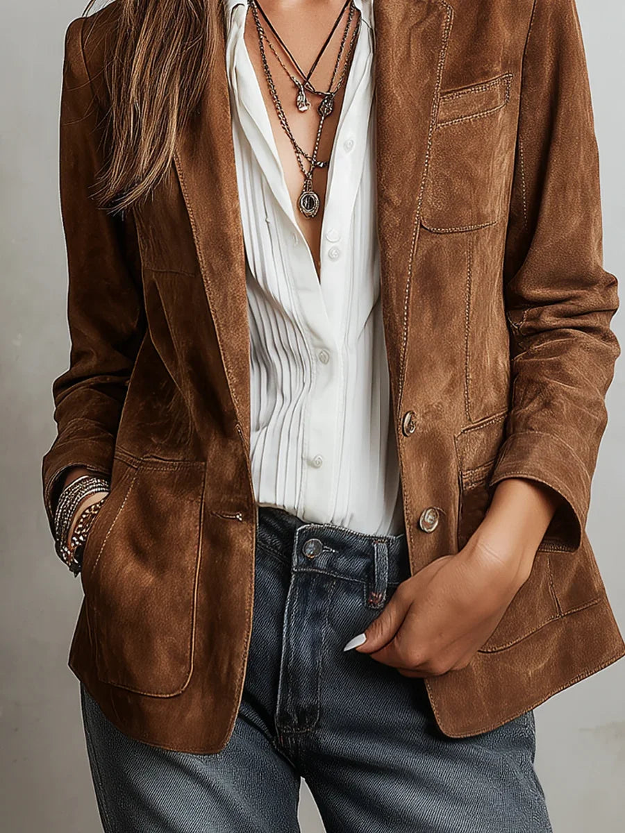 Women's suede look blazer, single breasted notch lapel tailored, view 4