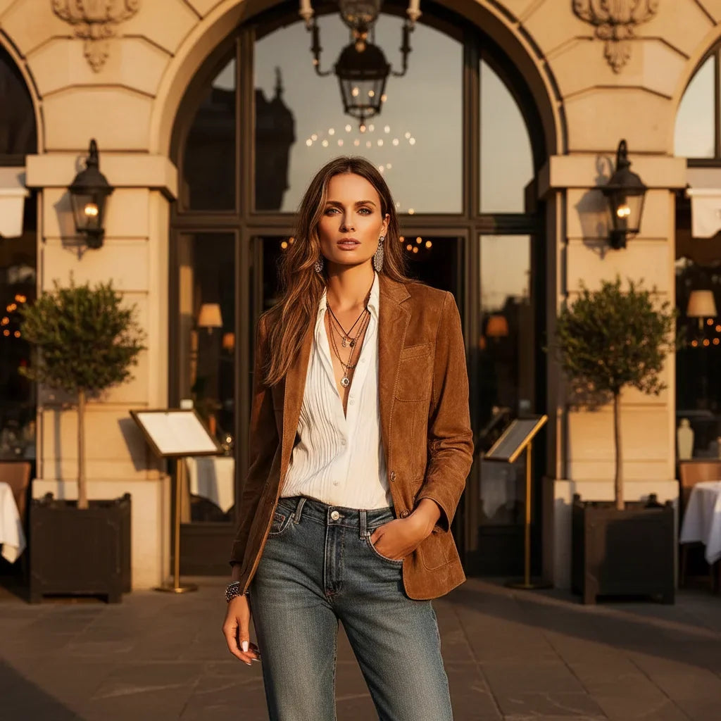 Women's suede look blazer, single breasted notch lapel tailored, view 6