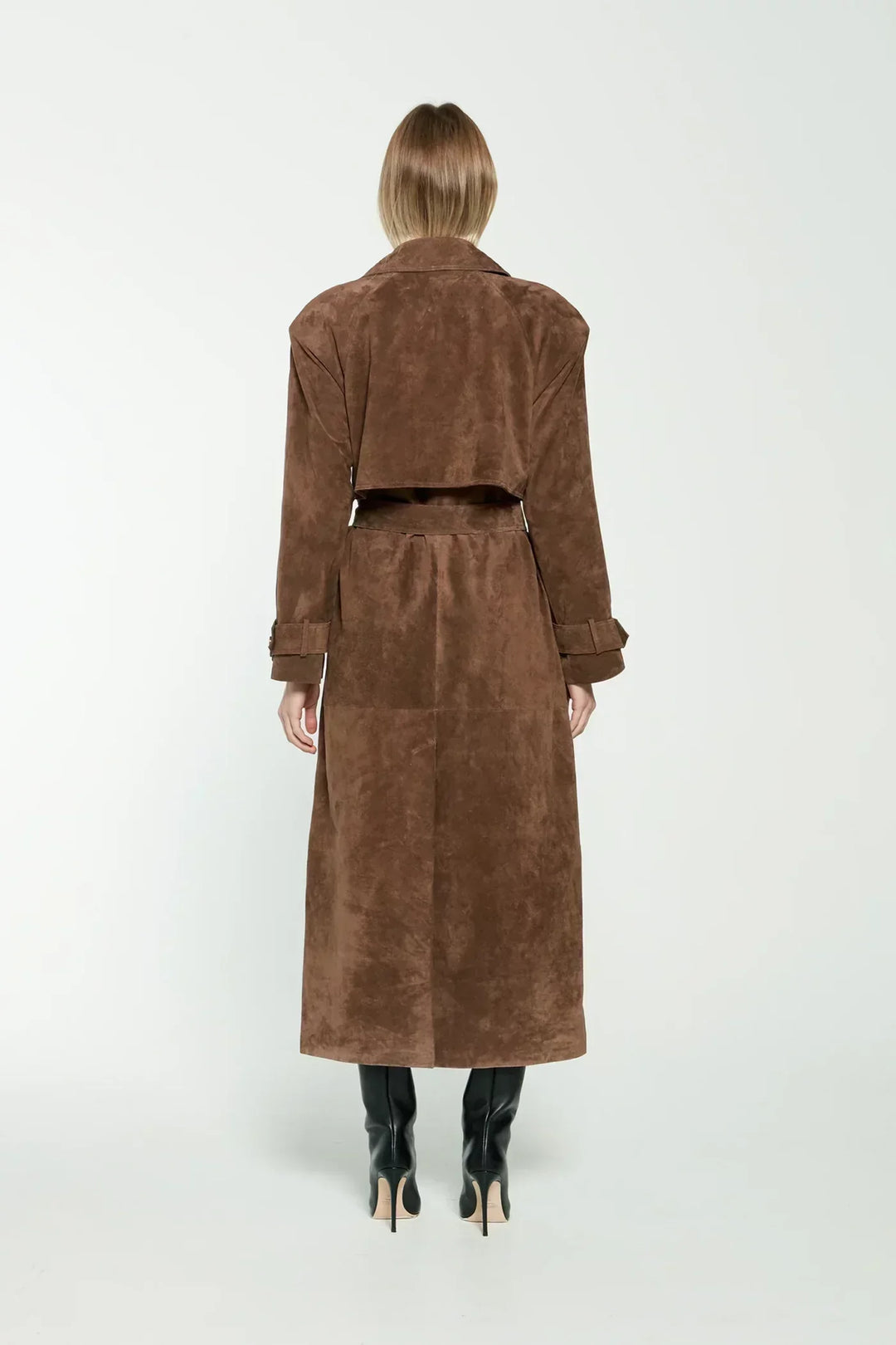 Back view of the brown trench coat with back yoke and belt