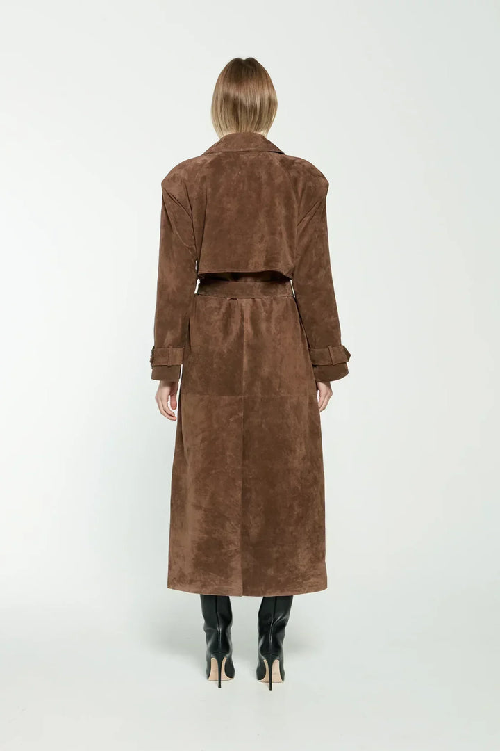 Back view of the brown trench coat with back yoke and belt