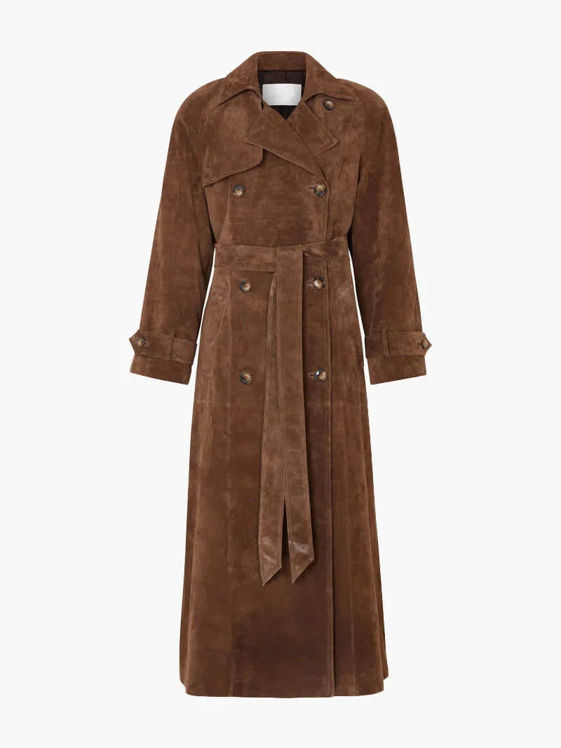 Brown suede-look trench coat laid flat, showing the belt and cuff straps