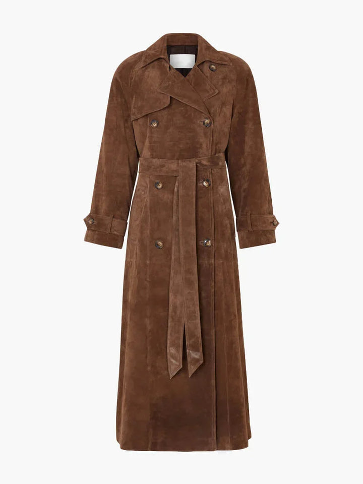 Brown suede-look trench coat laid flat, showing the belt and cuff straps
