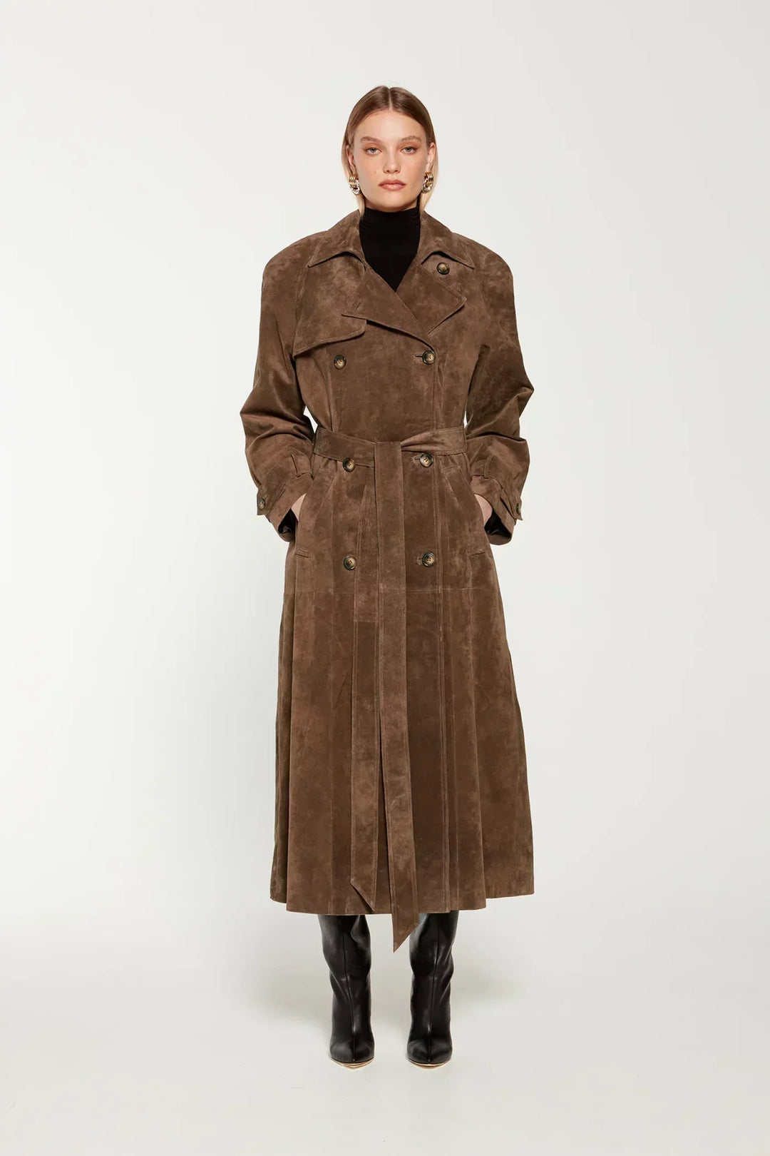Women's suede-look trench coat in brown, double breasted belted maxi