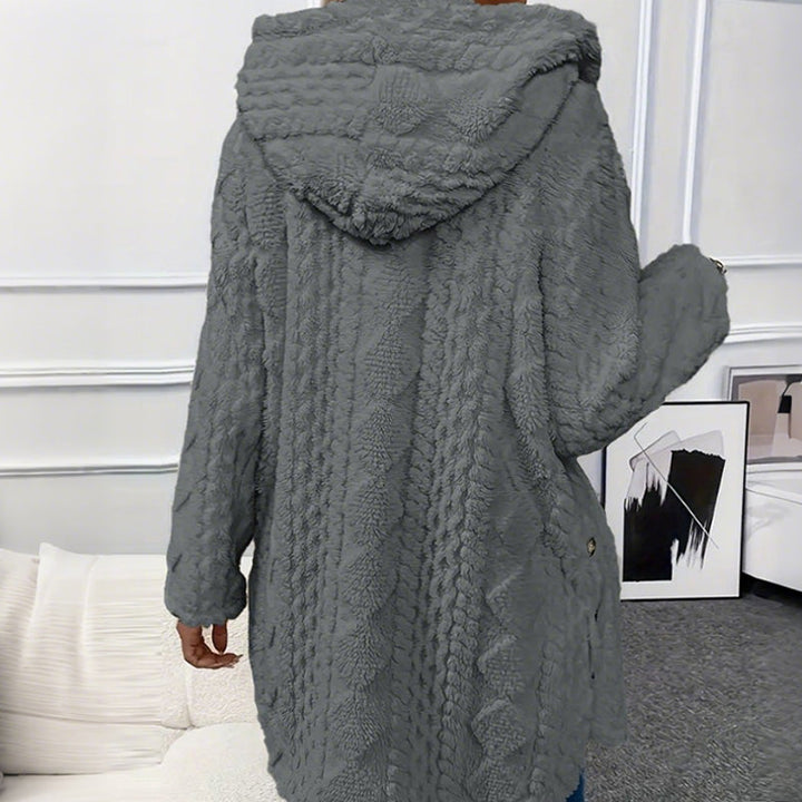 Back of the grey coat showing the full length and hood