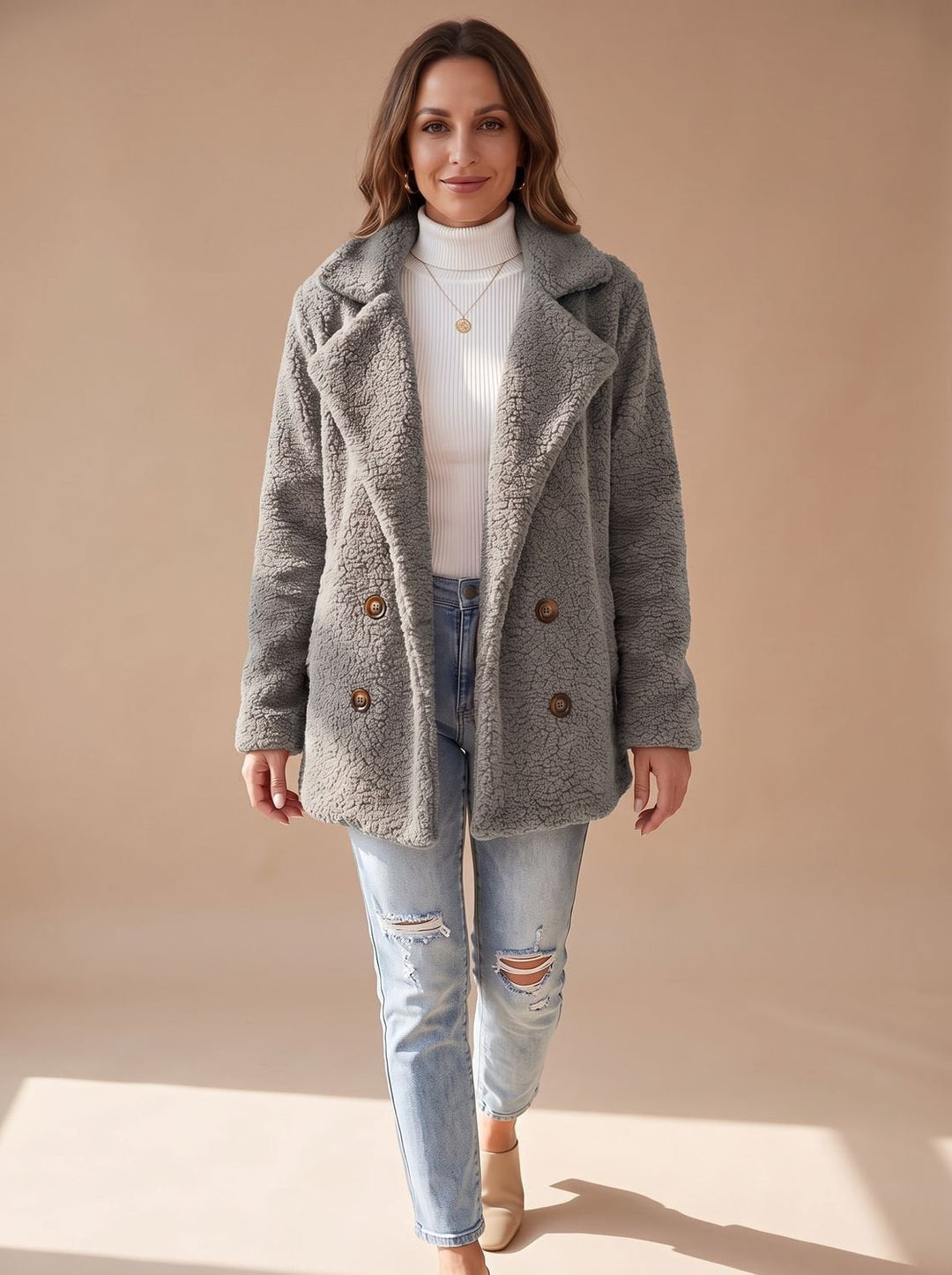 Light grey teddy coat with large buttons, front view