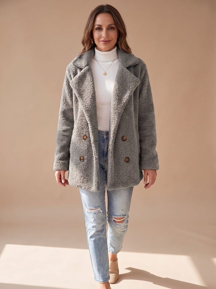 Light grey teddy coat with large buttons, front view