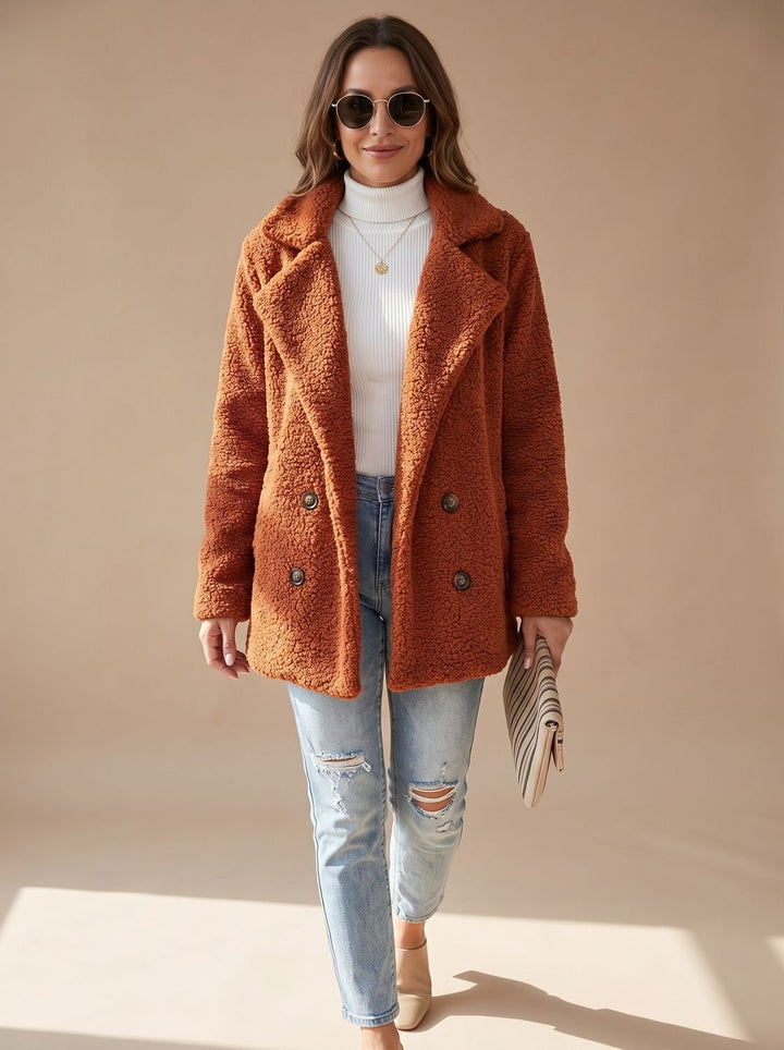 Women's teddy coat in rust, oversized double breasted with notch lapel