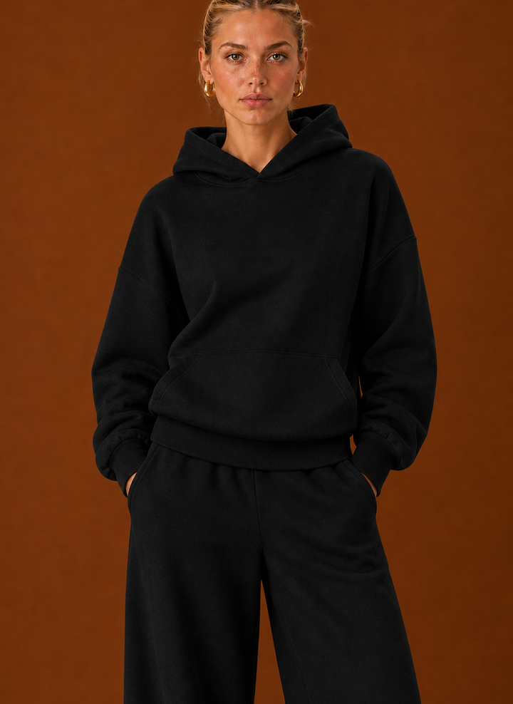 Close-up of the black hoodie with kangaroo pocket