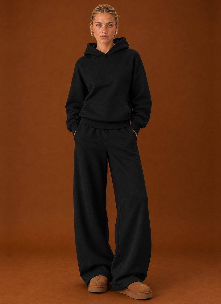 Black hoodie and wide leg joggers set, front view