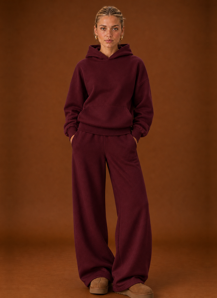 Women's tracksuit set in burgundy, oversized hoodie and wide leg joggers