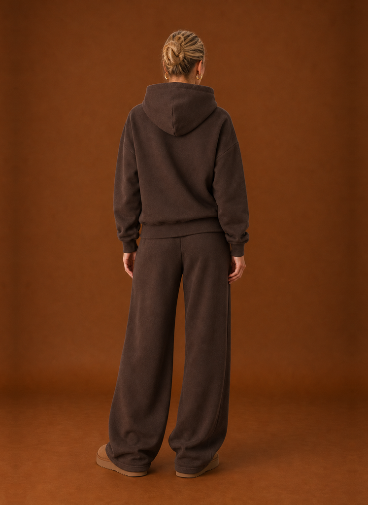Back view of the chocolate tracksuit set with the hood down