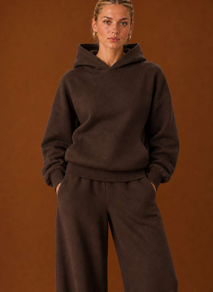 Close-up of the chocolate hoodie with kangaroo pocket