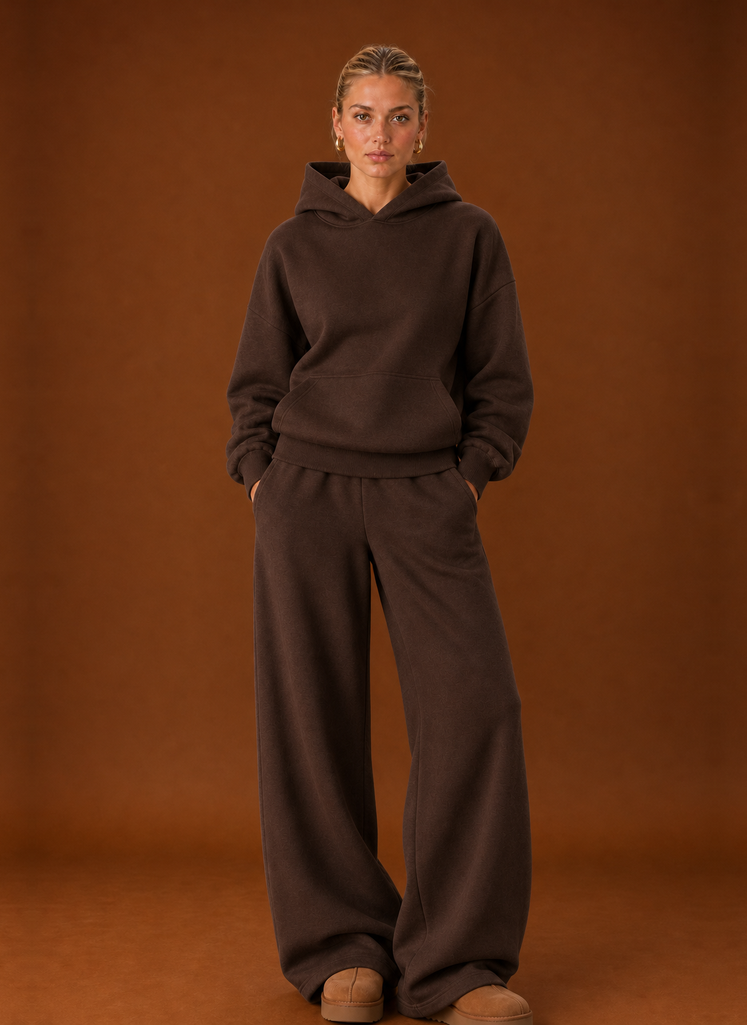 Chocolate hoodie and wide leg joggers set, front view