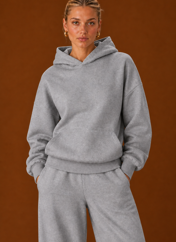 Close-up of the light grey hoodie with kangaroo pocket