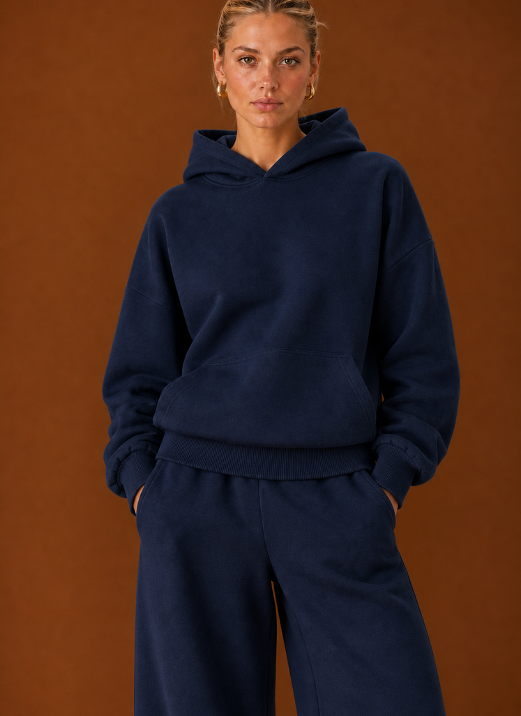 Close-up of the navy hoodie with kangaroo pocket