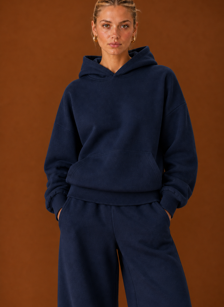 Close-up of the navy hoodie with kangaroo pocket