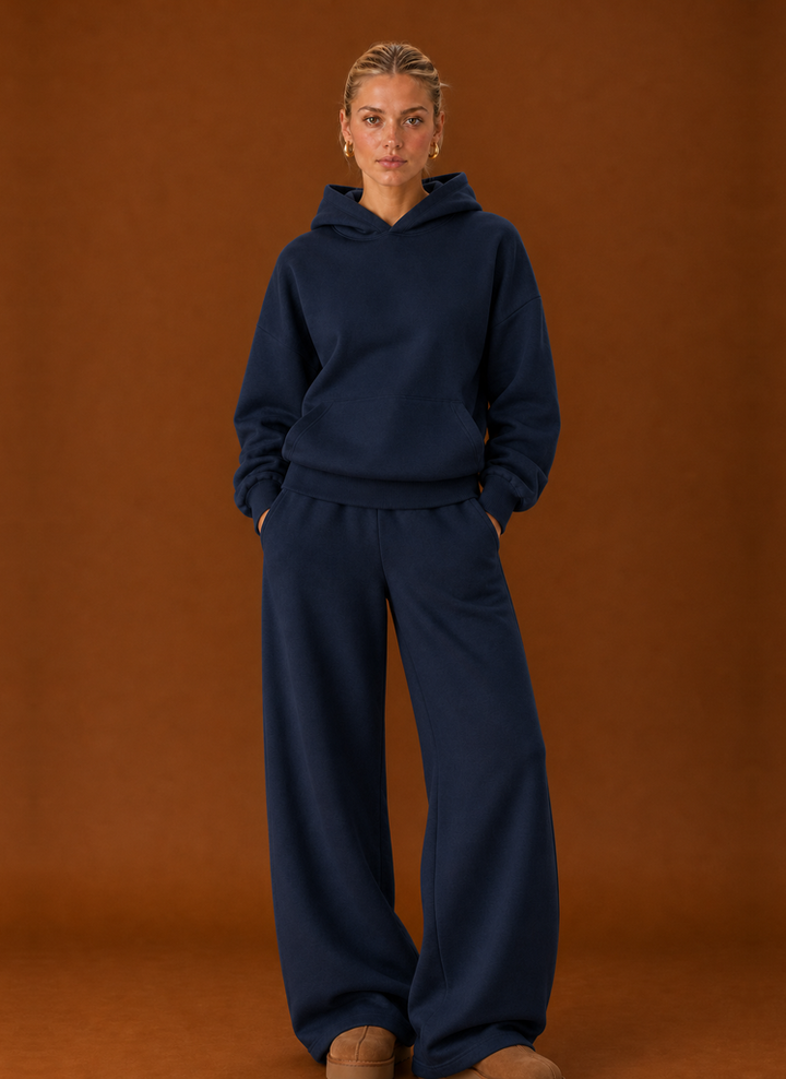 Navy hoodie and wide leg joggers set, front view