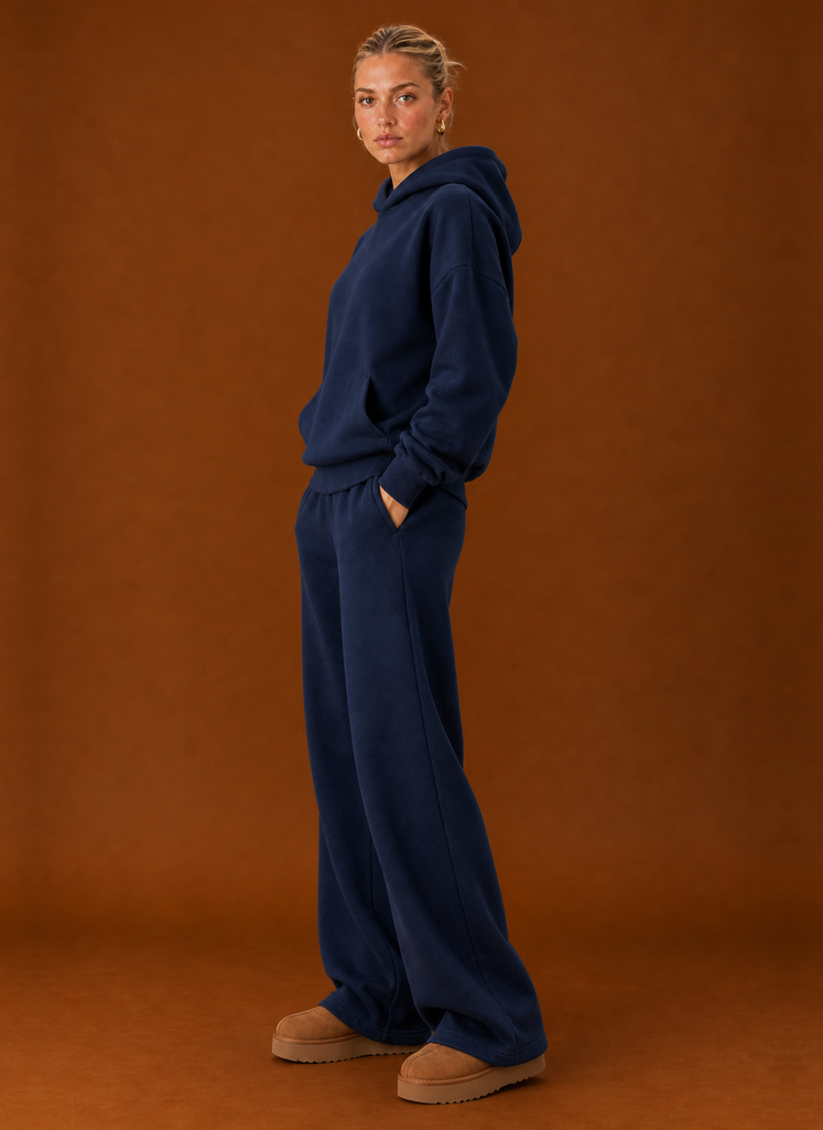 Side view of the navy oversized hoodie and joggers