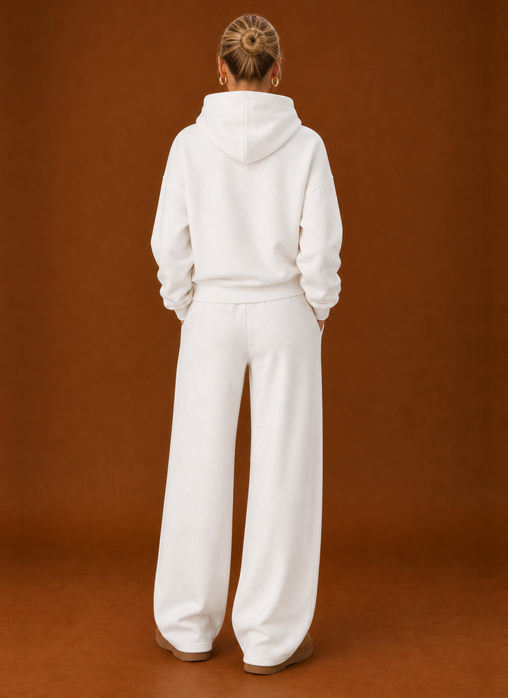 Back view of the white tracksuit set with the hood down