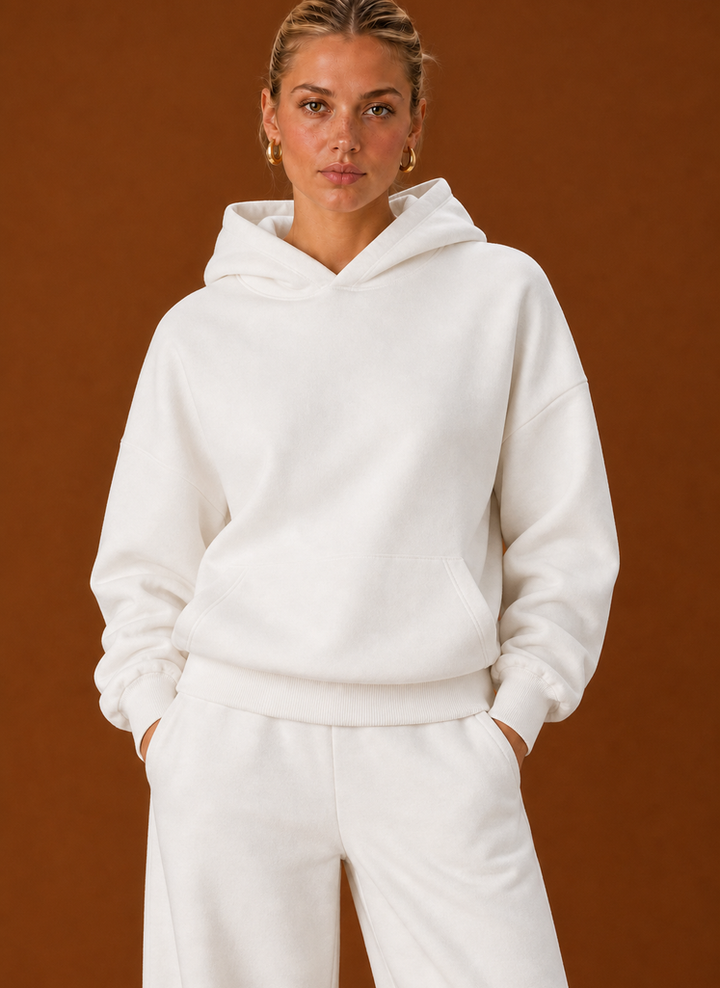 Close-up of the white hoodie with kangaroo pocket