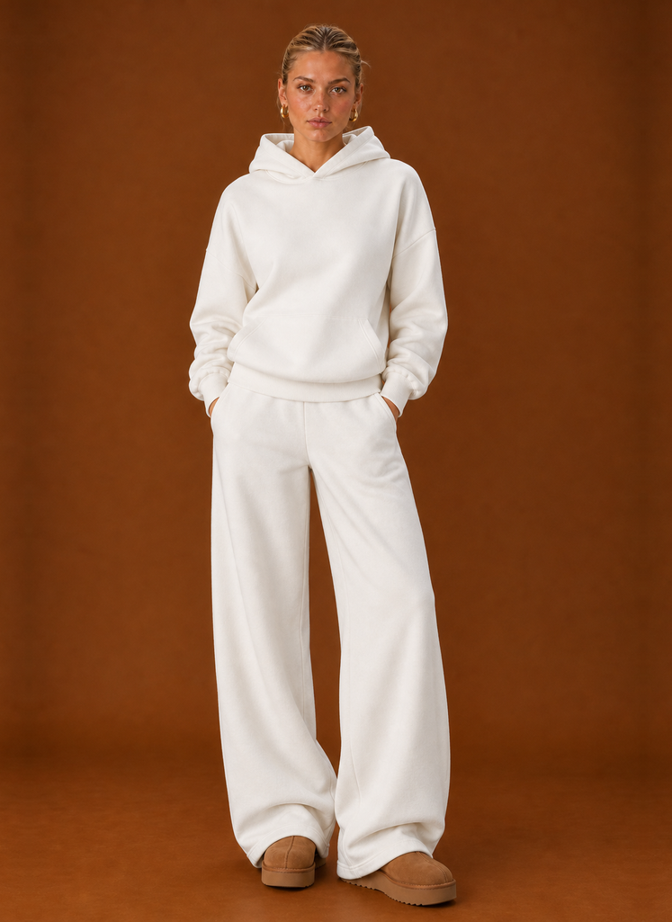 White hoodie and wide leg joggers set, front view