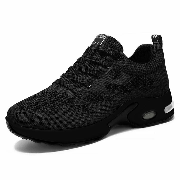 Women's trainers in all black, air cushion mesh lace up