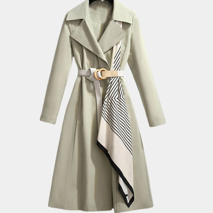 Women's trench coat in sage, belted midi with scarf detail