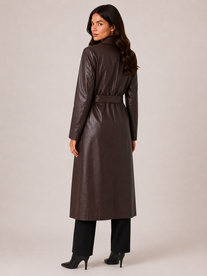 Back view of the dark brown trench with the belt tied behind