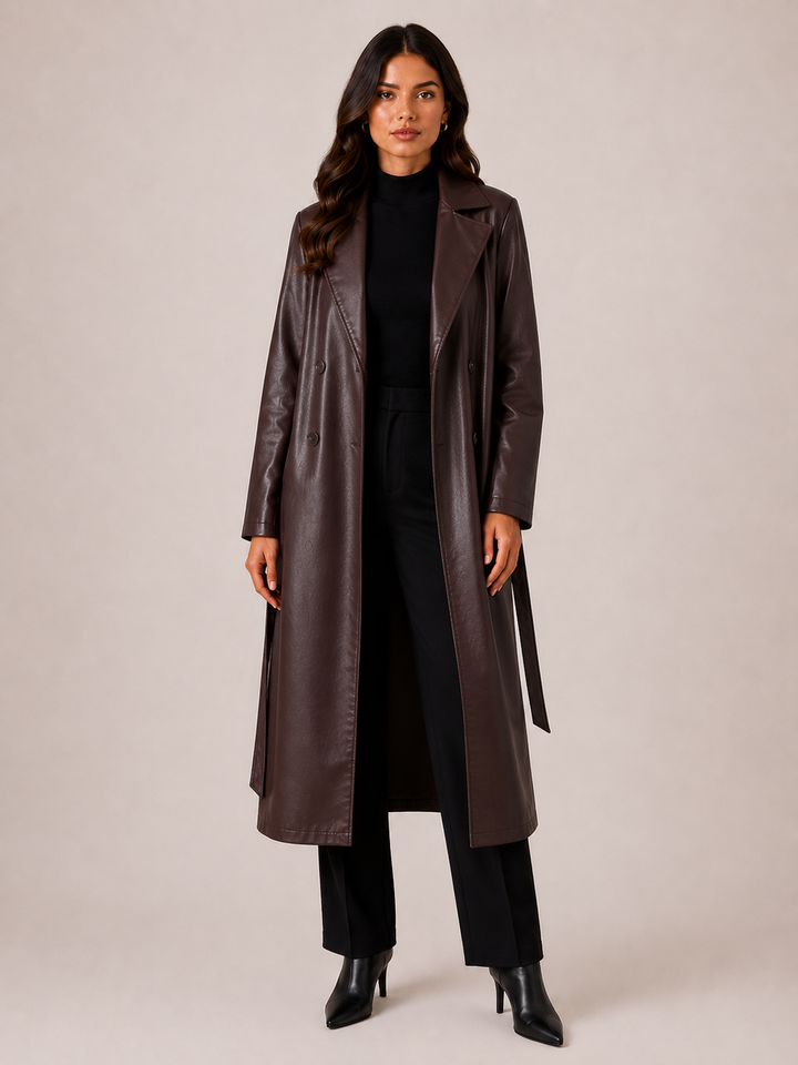 Dark brown glossy trench worn open over black trousers
